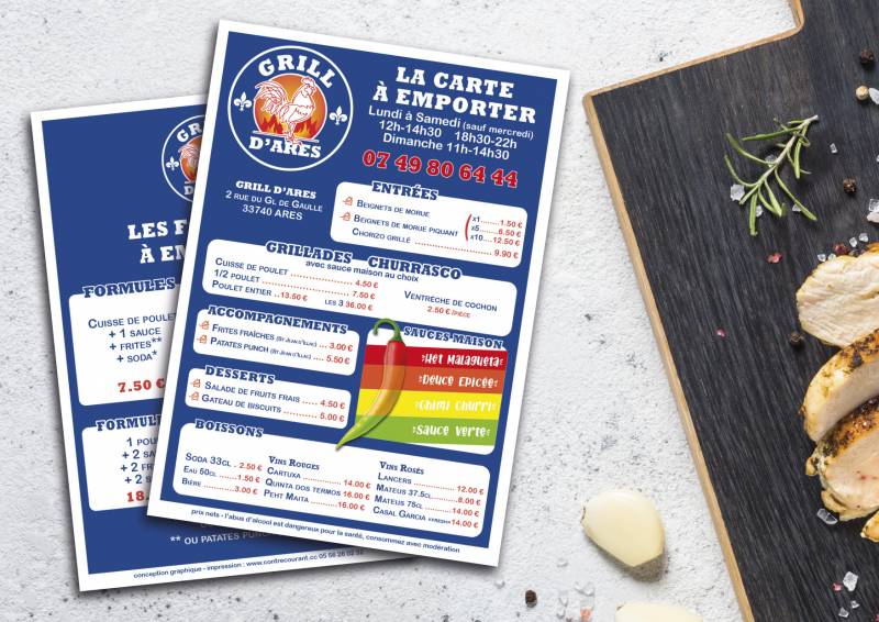 création et impression de menus de restaurant Le Grill d'Arès Bassin d'Arcachon