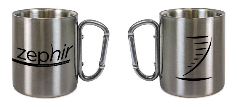 Marquage de mugs en métal avec logo Zephir Project près de Bordeaux